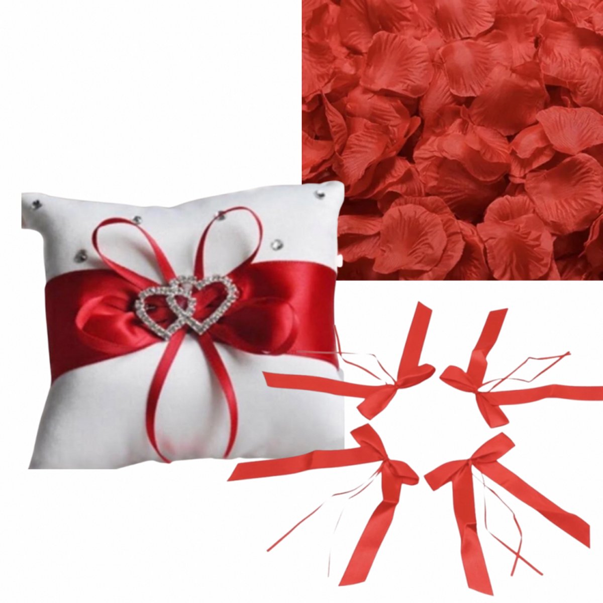 3-Delig-Ringenkussentje-Autolinten-500 Rozenblaadjes-Rood - Charme Bijoux