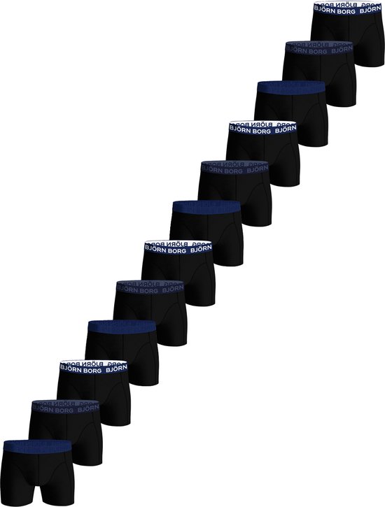 Douze boxershorts noirs avec ceinture bleue arborant le texte 'BJÖRN BORG', disposés en rangée ascendante.