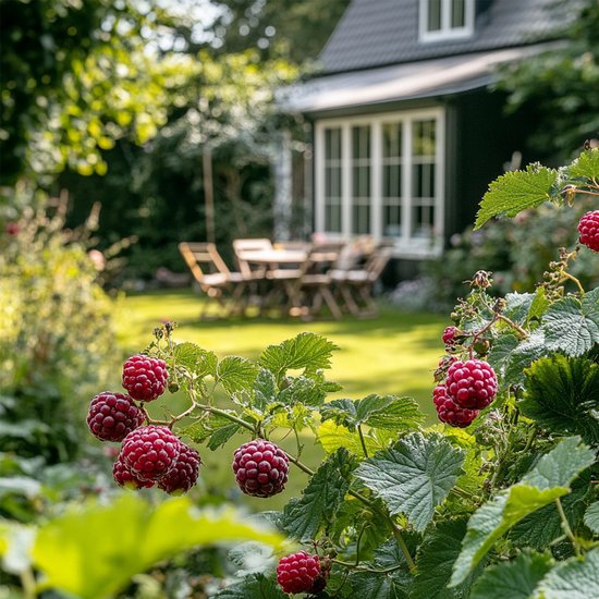 Rijpe, dieprode tayberries aan een struik in een tuin met achtergrond van een huis en tafel.