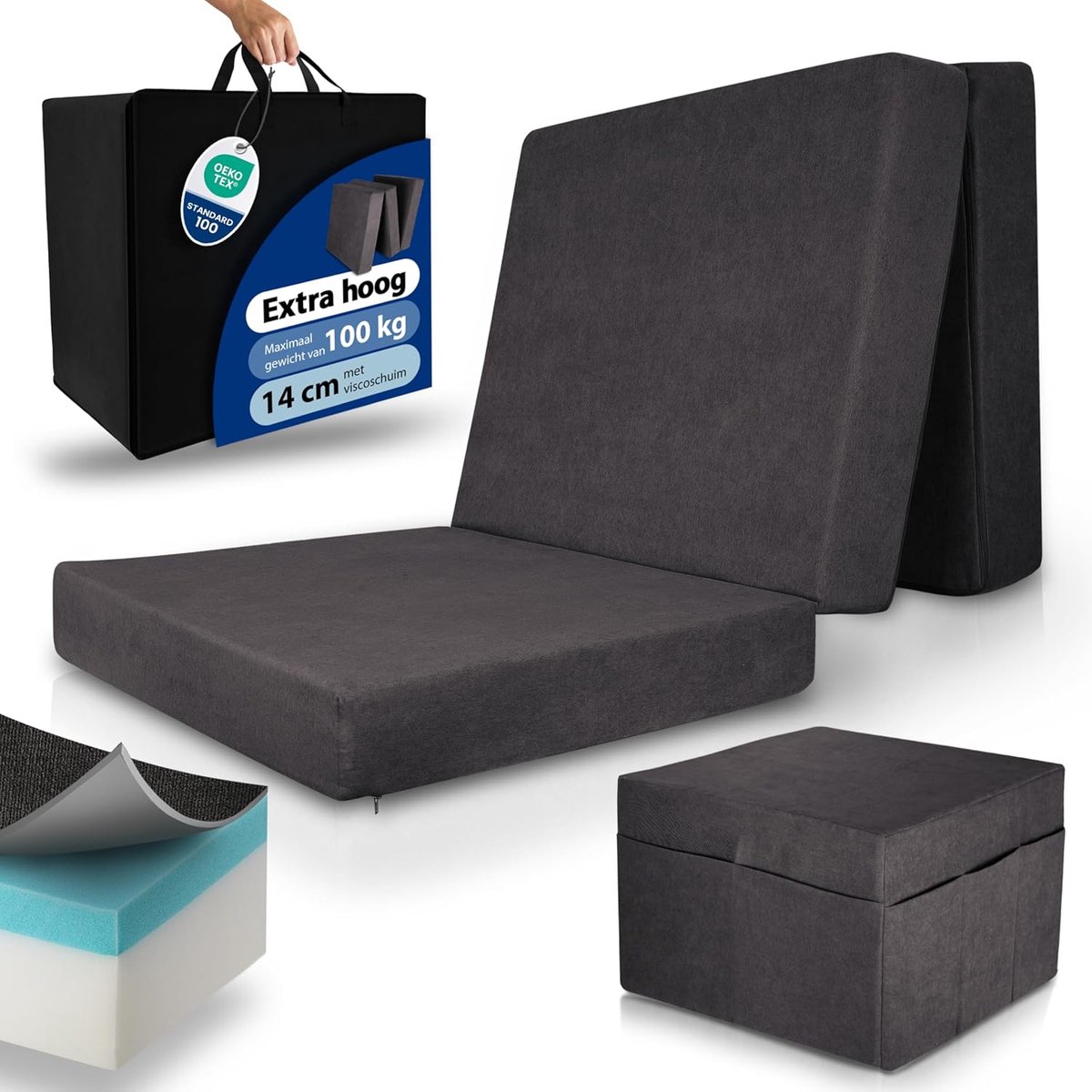 Twirest Vouwmatras opvouwbare gastenmatras, 90 x 200 x 15 cm, wasbaar en inklapbaar, 4-delige vouwmatras met afneembare overtrek, voor reizen, camping, logeerbed, grijs