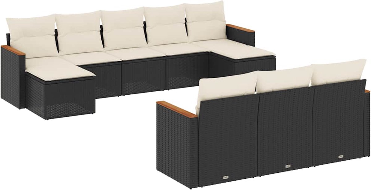 The Living Store 10-delige Loungeset met kussens poly rattan zwart - Loungebank - Lounge Set - Tuinmeubels - Buitendining - Veranda Meubel
