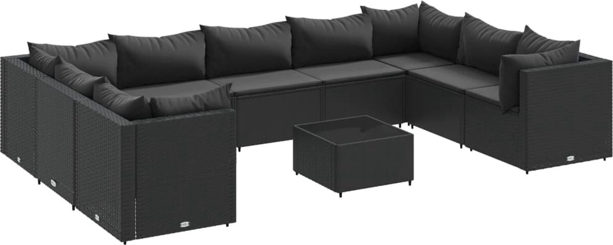 The Living Store 10-delige Loungeset met kussens poly rattan zwart - Loungeset - Tuinmeubels - Lounge Set - Outdoor Furniture - Veranda Meubel