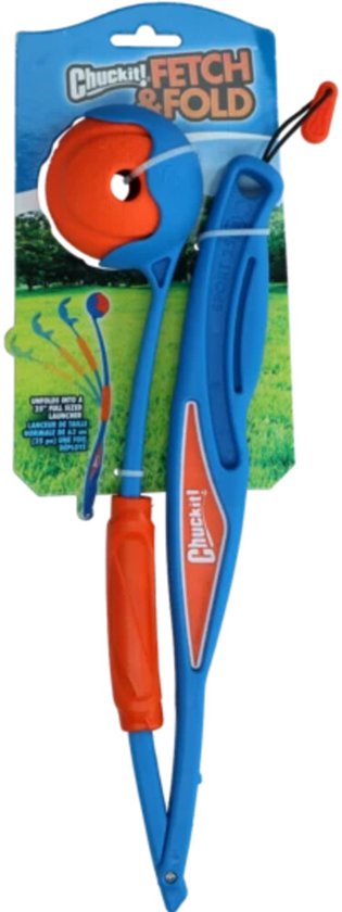 Chuckit! Fetch & Fold Launcher - Ballenwerper hond - Werpstok inklapbaar - Inclusief rubberen bal - Blauw/Oranje