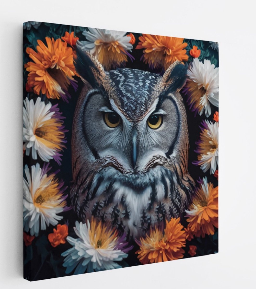 Saammp Canvas Schilderij - Uil tussen de bloemen - Abstract - Dieren - 60x60 - Foto op canvas - Wanddecoratie - muurdecoratie Woonkamer - Slaapkamer decoratie - Canvas Print Multicolor