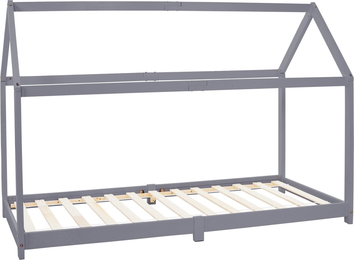 ml-design ML Design huisbed serie kinderbed 90x200 cm lichtgrijs massief grenen hout met dak en lattenbodem inclusief matras stabiel houten speelbed voor meisjes en jongens vloerbed junior kinderhuis in huis design perfect voor de kinderkamer