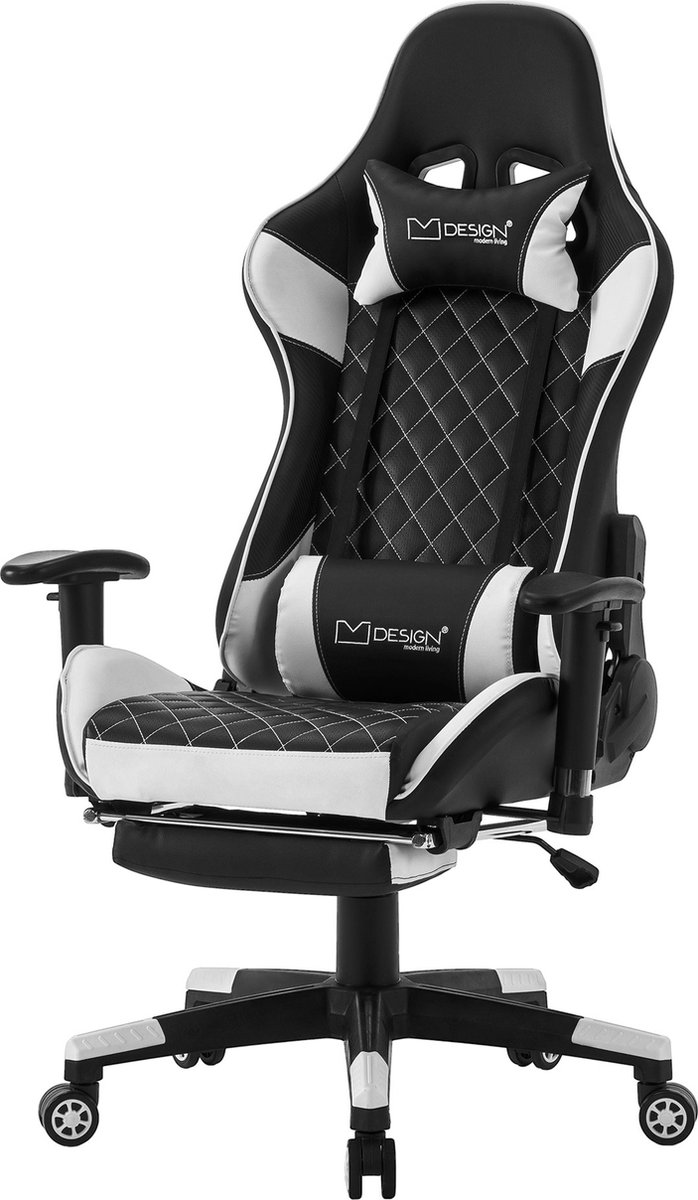 Gaming stoel met uittrekbare voetsteun 2D armsteun zwart/wit in kunstleer ML-Design