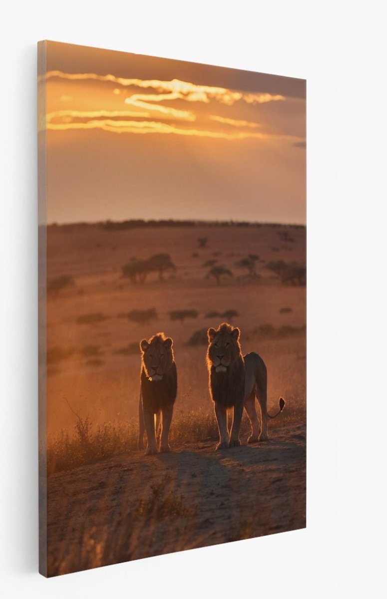Saammp Canvas Schilderij - Leeuwen in zonsondergang - Natuur - Dieren - 40x50 - Foto op canvas - Wanddecoratie - Muurdecoratie Woonkamer - Slaapkamer decoratie - Canvas Print Multicolor