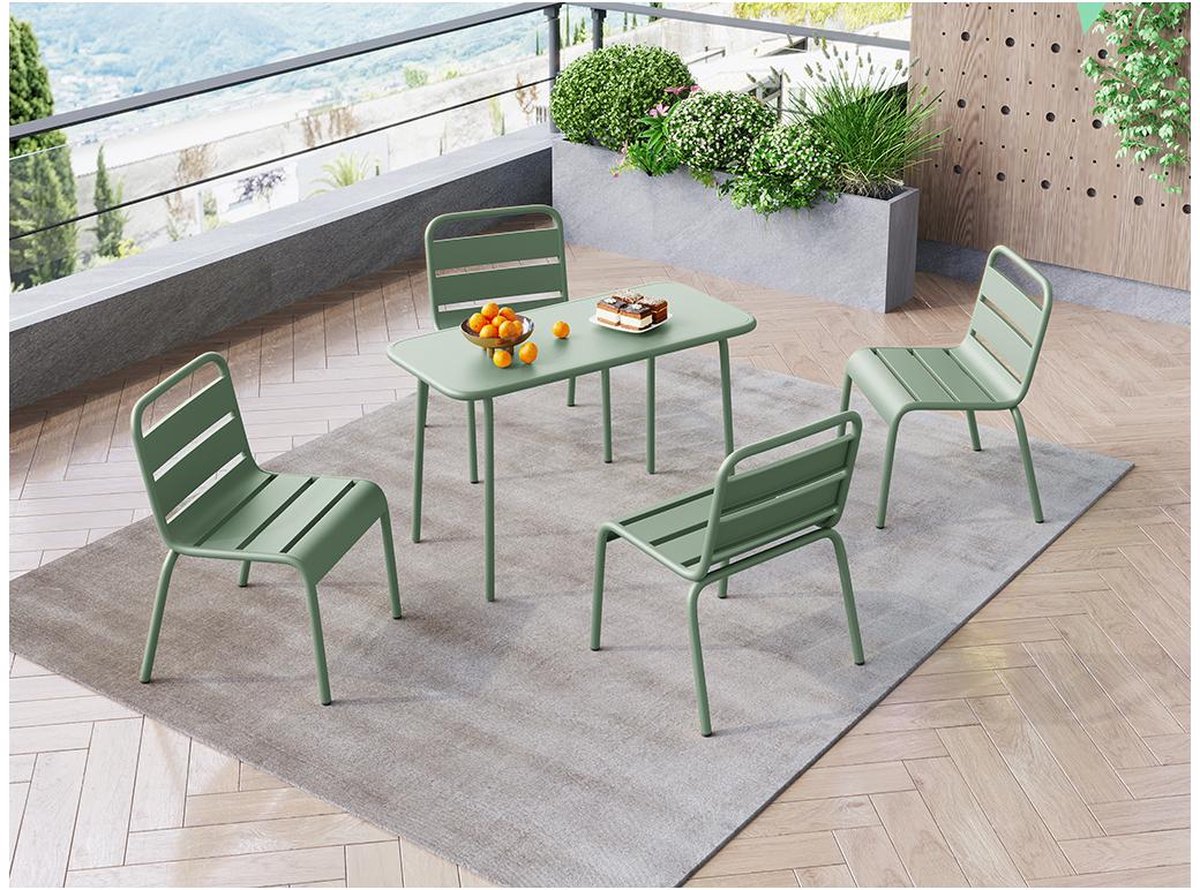 Vente-unique Tuineetset voor kinderen POPAYAN - Tuintafel met 4 opstapelbare stoelen - Metaal - Amandelgroen L 80 cm x H 55.5 cm x D 39 cm