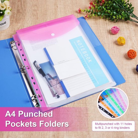 12-transparante-ringmappen-A4-geperforeerd-polypropyleen-11-gaten-gekleurde-hoezen-Kantoor-School-Thuis-Verticaal