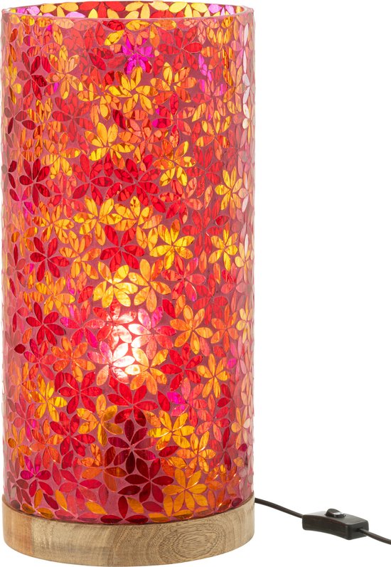 Lampe cylindrique avec une mosaïque de fleurs roses, rouges et oranges sur une base en bois, avec interrupteur.