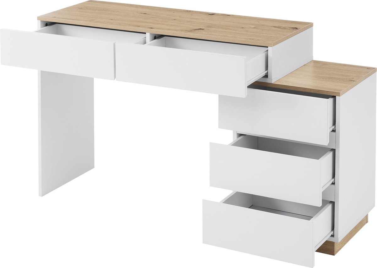 Merax Bureau met 5 Lades – Kaptafel met Opbergruimte - Wit en Eiken - E1-kwaliteit Spaanplaat - voor Slaapkamer Wit; Eiken