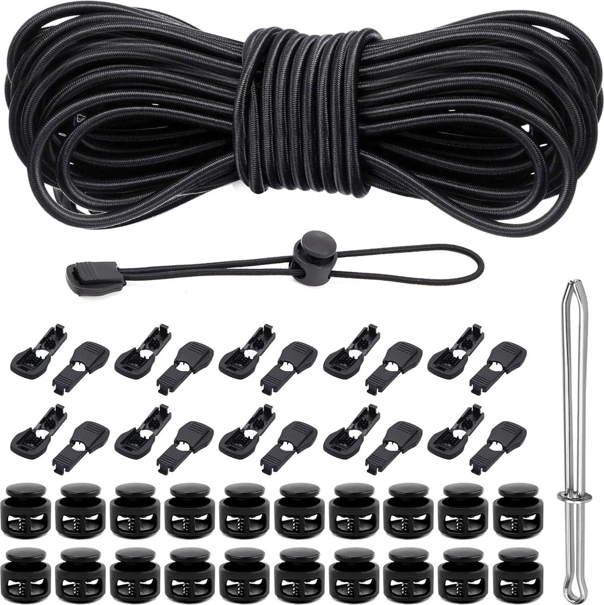 Elastisch rubberen koord 3 mm - 30 m rond met klemmen-stoppers - trekkoord rugzak waslijn .