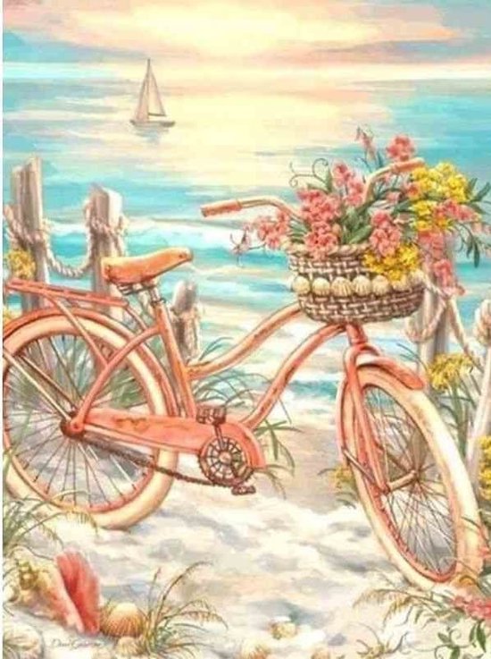 Vélo sur la plage 50x70cm - Peinture Diamond - paquet complet - entièrement recouvert - pierres rondes
