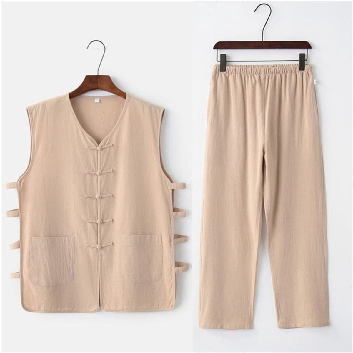 Senza Marchio Tai Chi Uniform Vechtsporten Kung Fu Uniform Zacht Chinees Tang Pak Tai Chi Uniform Traditioneel Heren Katoen Linnen Kung Fu Pak Mannelijk Mouwloos Wagoner Undershirt+lange Broek Sets (Kleur: #1