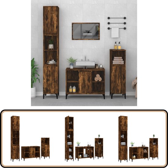 vidaXL Badkamermeubelset 3-delig - Gerookt Eiken Badkamermeubelset - Badkamerspiegel - Gerookte Eiken - Houten Badkamerkast - Opslagoplossing Badkamer