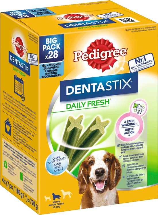 Pedigree Dentastix Daily Fresh Big Pack met 4x7 (28) sticks voor middelgrote honden (10-25kg).