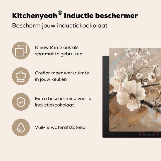 KitchenYeah® Protection plaque induction 60x52 cm - Fleurs - Abstrait - Peint - Beige - Protege plaque de cuisson - Couvre plaque induction - Protecteur d'induction - Cuisine