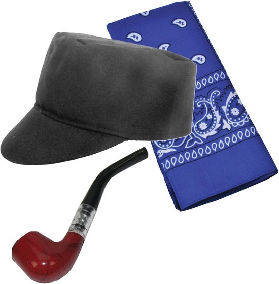 Carnaval verkleed setje heren - Boeren pet/hoedje - blauwe zakdoek - pijp - Traditionele sfeer