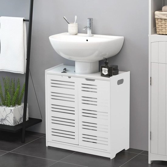 Mobile Bagno Sottolavabo In MDF Bianco – 2 Ante, 60x30x60 Cm – Con Ripiano Regolabile E Foro Per Tubi