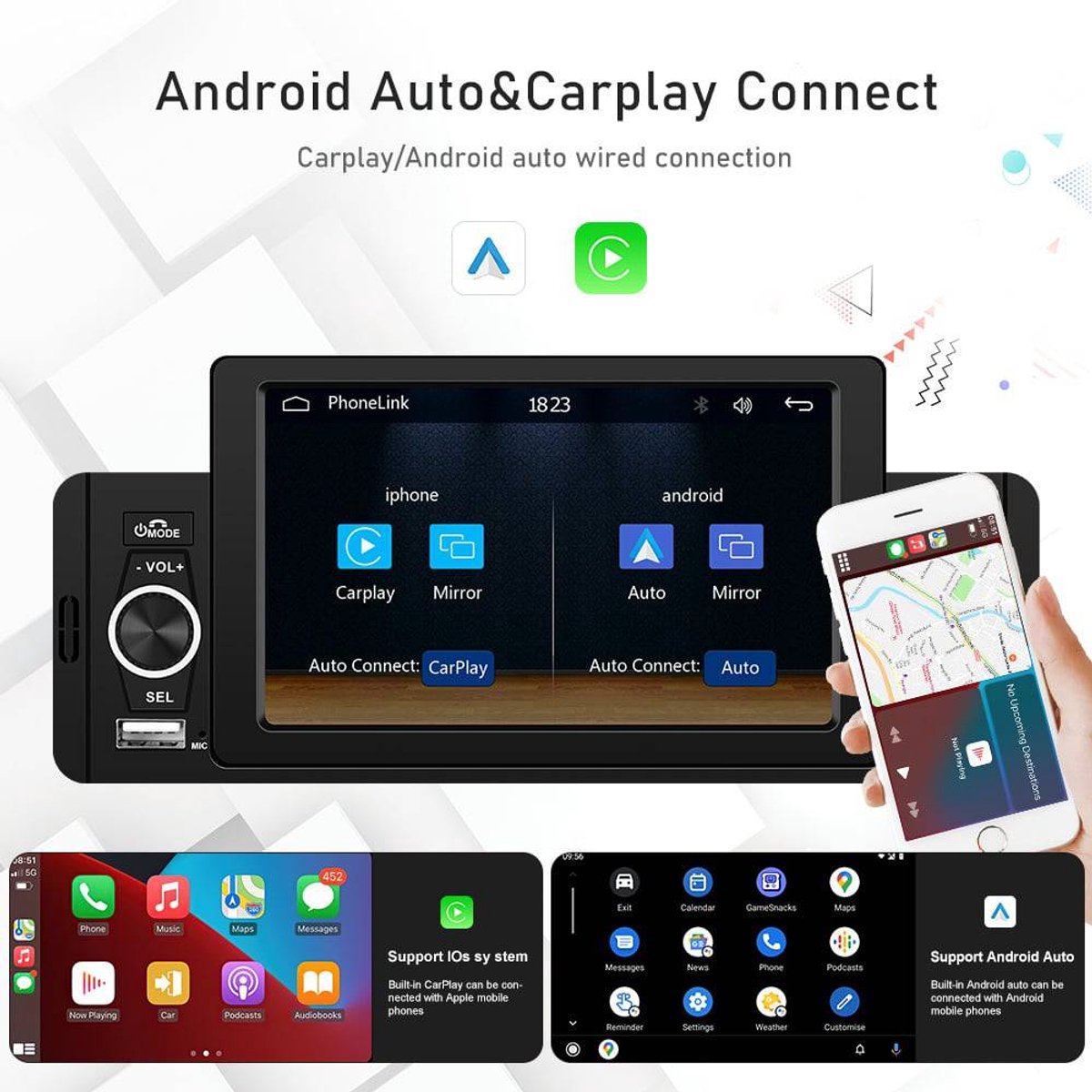 VCTparts® Android Auto Inbouw Radio Speler Digitaal LED Display Scherm met Bluetooth Aux 1DIN Mirrorlink Fm