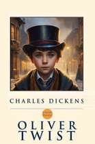 Charles Dickens' Oliver Twist, met een jongen in een hoge hoed op een besneeuwde straat.