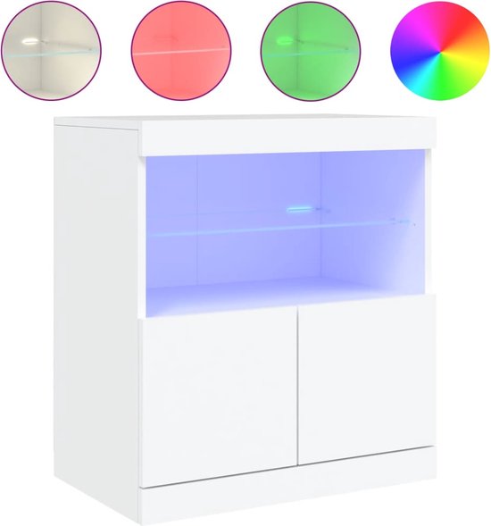 Laag dressoir met LED-verlichting - 4 glazen planken en 2 deuren - Wit
