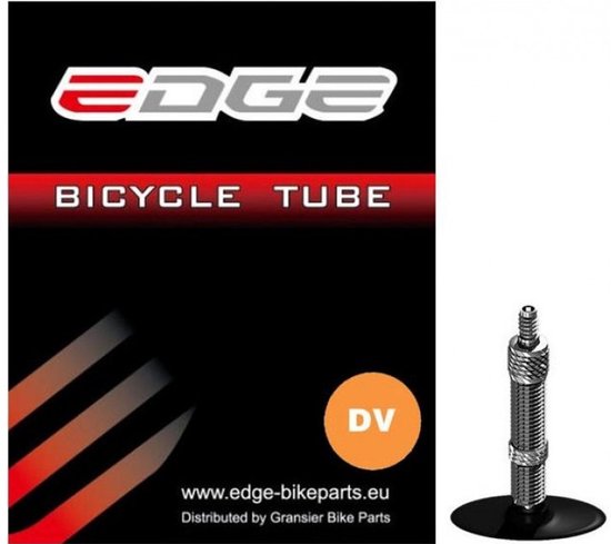 Zwarte verpakking met Edge logo en "BICYCLE TUBE" tekst. Dunlop ventiel afgebeeld.