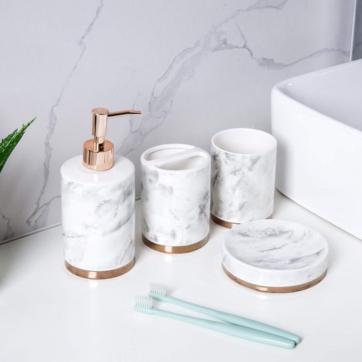 axentia Accessoires Rimini-badkamerbenodigdheden, 4-delige badkamerset van zeepdispenser, zeepbakje & tandenborstelbeker, badaccessoires, navulbaar, keramiek,