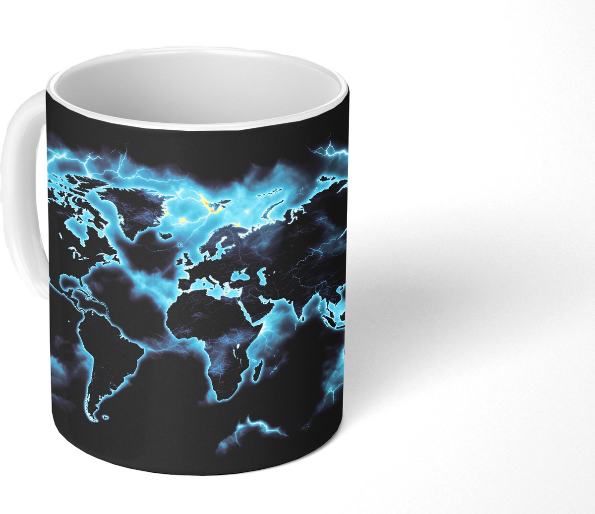 Mok - Koffiemok - Wereldkaart - Bliksem - Blauw - Mokken - 350 ML - Beker - Koffiemokken - Theemok