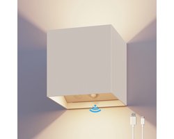Calex Volterra Oplaadbare Wandlamp Kubus Wit - Oplaadbaar - Up & Down Tuinverlichting - Warm Wit Licht - Voor Binnen en Buiten - Waterdicht - Bewegingssensor