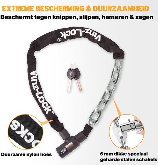 Zwart VINZ-LOCK kettingslot met 6mm gehard stalen schakels en duurzame nylon hoes. Inclusief 2 sleutels.