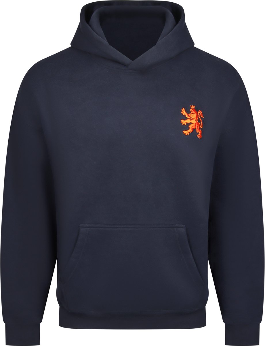 O.Leo - Blauwe Hoodie heren & dames - Maat XL - Oranje geborduurde leeuw - Premium katoenmix - Unisex pasvorm sweater