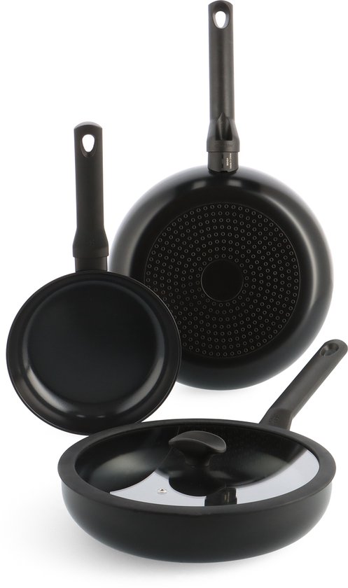 BK Enjoy 3-delige pannenset - Ø20/28cm koekenpannen en hapjespan met deksel Ø 28cm - PFAS vrij - zwart - koelgrepen - ovenbestendig tot 160°
