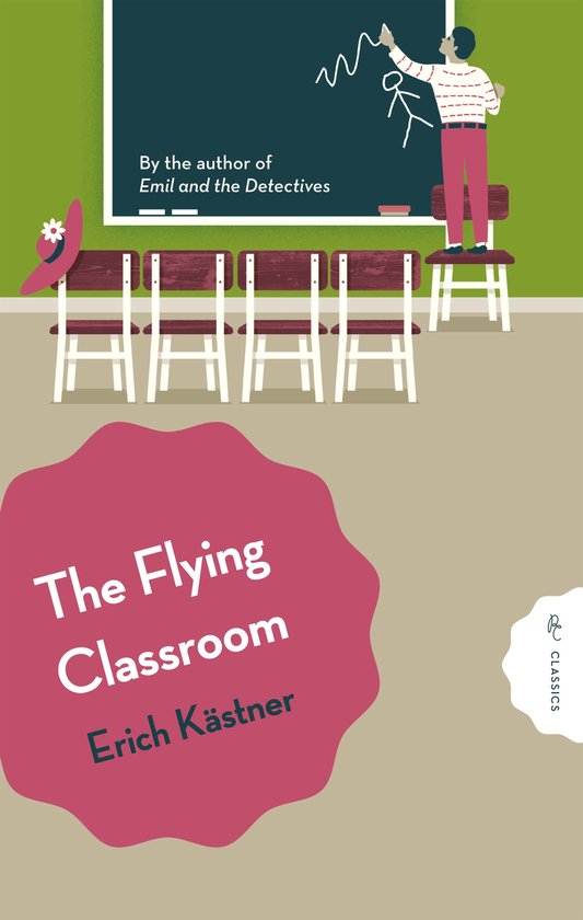 Boekomslag van "The Flying Classroom" door Erich Kästner, met een illustratie van een klaslokaal.