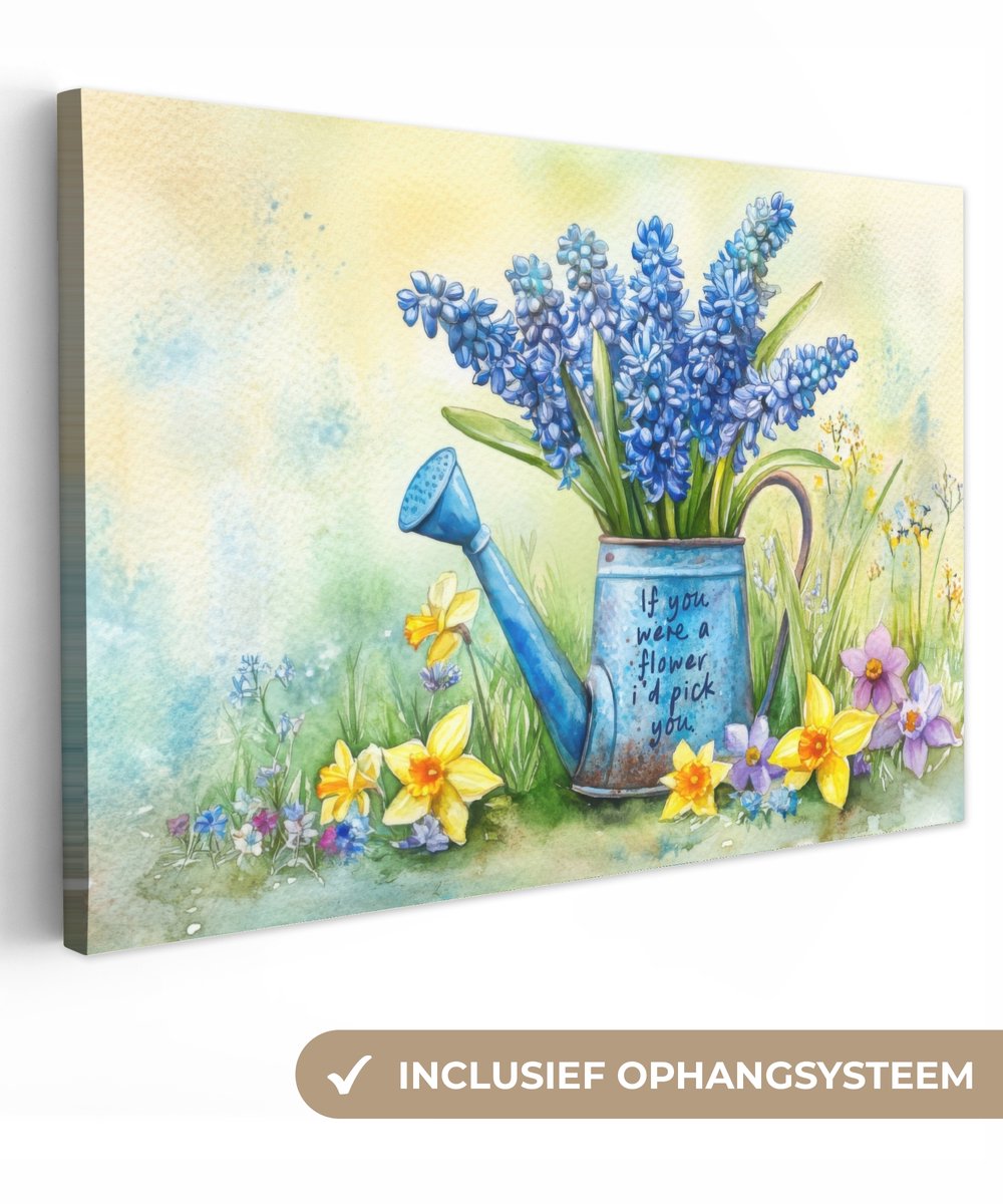 Canvas schilderij 60x40 cm - Exclusieve wanddecoratie Lavendelbloemen - Quote - Gieter - M