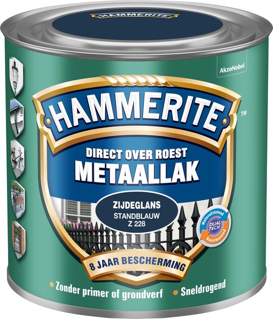 Blik Hammerite metaallak zijdeglans standblauw Z 228. Groen blik met gouden en blauwe details. Waterafstotend DUAL TECH.