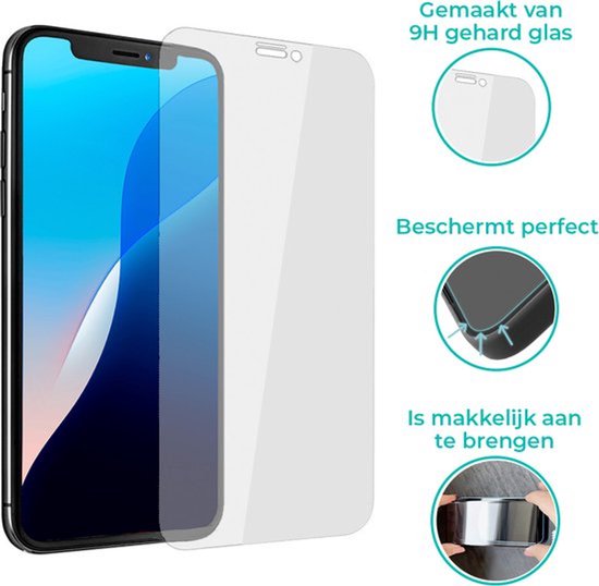 Gehard glas screenprotector voor telefoon, met informatie over plaatsing en bescherming.