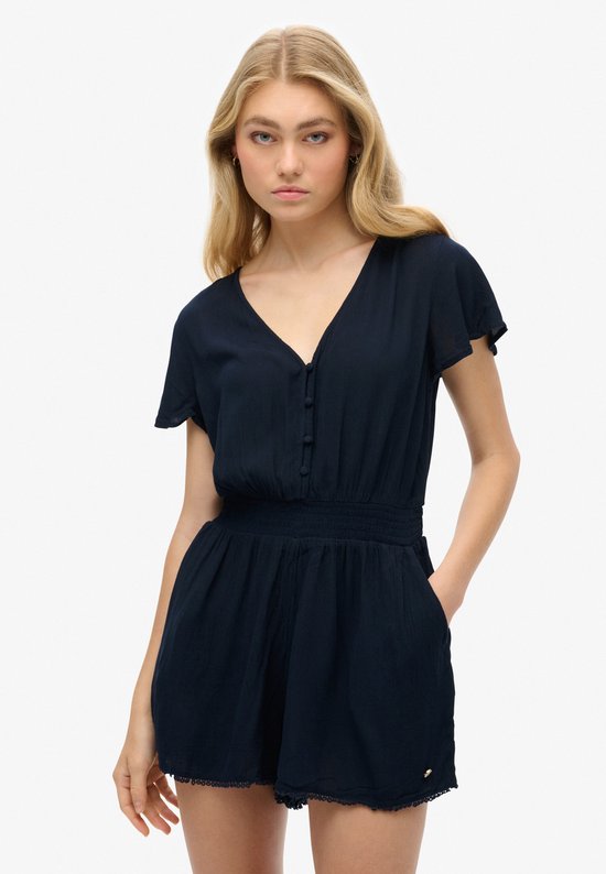 amropi Jumpsuit met diepe V-hals voor dames, korte mouwen, casual playsuit met zakken, Zwart, L