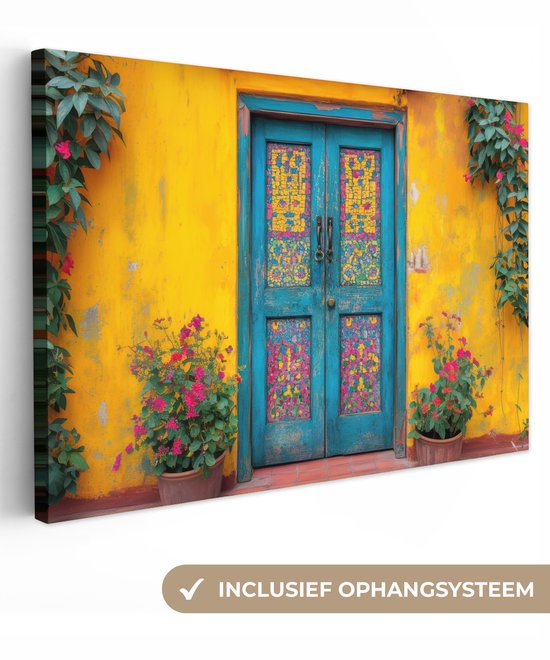 Canvas schilderij 140x90 cm - Exclusieve wanddecoratie Deuren - Kleurrijk - Planten - Muurdecoratie woonkamer - Slaapkamer decoratie - Kamer accessoires - Schilderijen op canvas