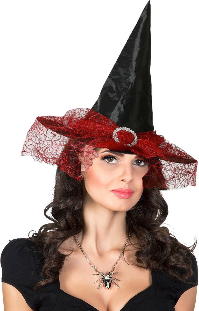 Verkleedkleding set Dames - Heks - Hoge hoed met sluier zwart/rood - en spinnen ketting - Carnaval - Halloween