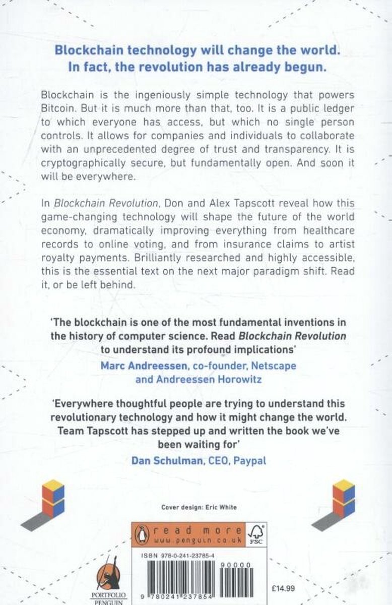 Achterkant van het boek "Blockchain Revolution" met recensies en de ISBN-code.