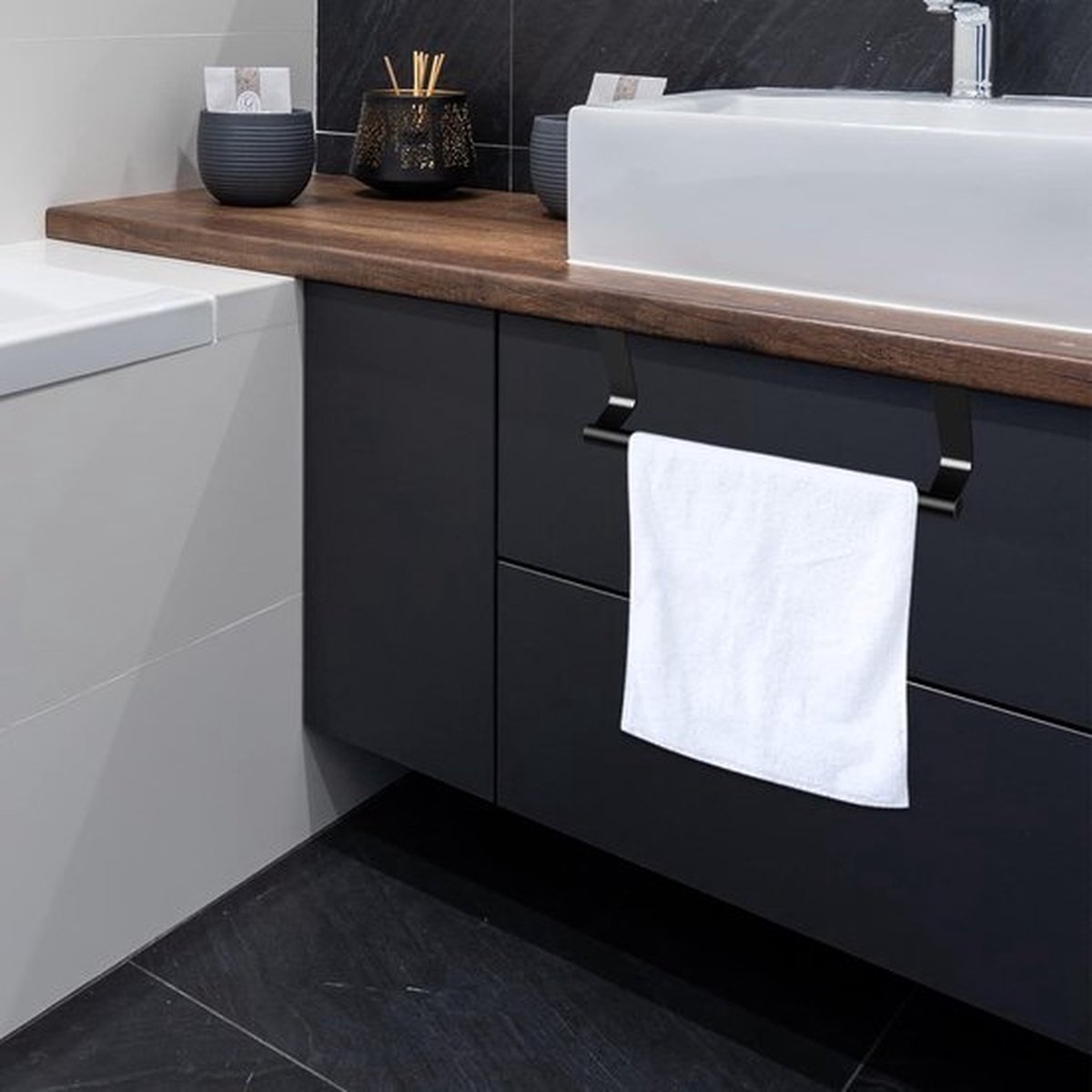 Handdoekhouder, handdoekhouder zonder boren, praktische handdoekstang voor badkamer en keuken, deur, handdoekhouder om op te hangen, kast, lade, handdoekstang, handdoek, hangrek, rek, 23 cm, zwart
