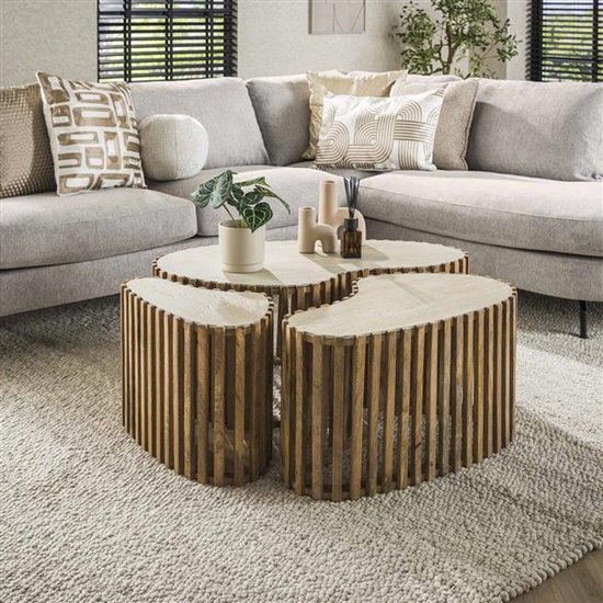 Collection Hoyz - Set de 3 tables basses en travertin Nuovo en forme de rein - Couleur sable Mango Massief