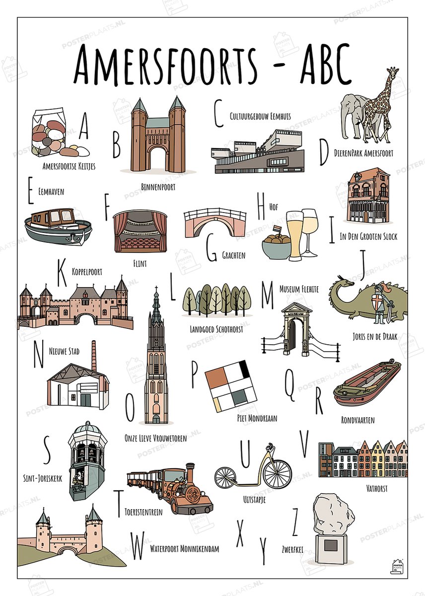 ABC Poster Amersfoort - 30 x 40 cm - Educatieve Letterposter met Handgetekende Illustraties - Kinderkamer & Wanddecoratie - Woondecoratie - Relatiegeschenk