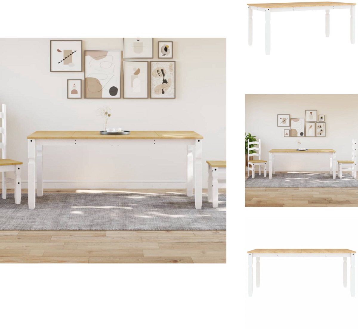 vidaXL Eettafel - Corona - 180x90x75 - cm - massief - grenenhout - wit
