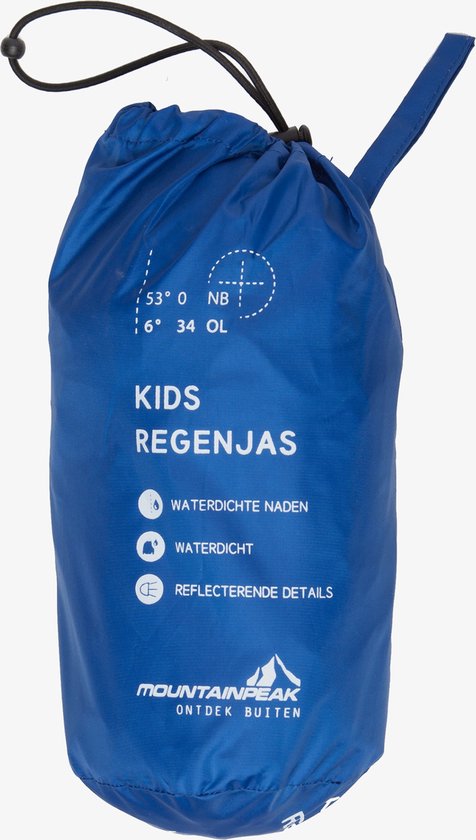 Blauwe opbergzak voor regenjas, met tekst 'KIDS REGENJAS' en logo.