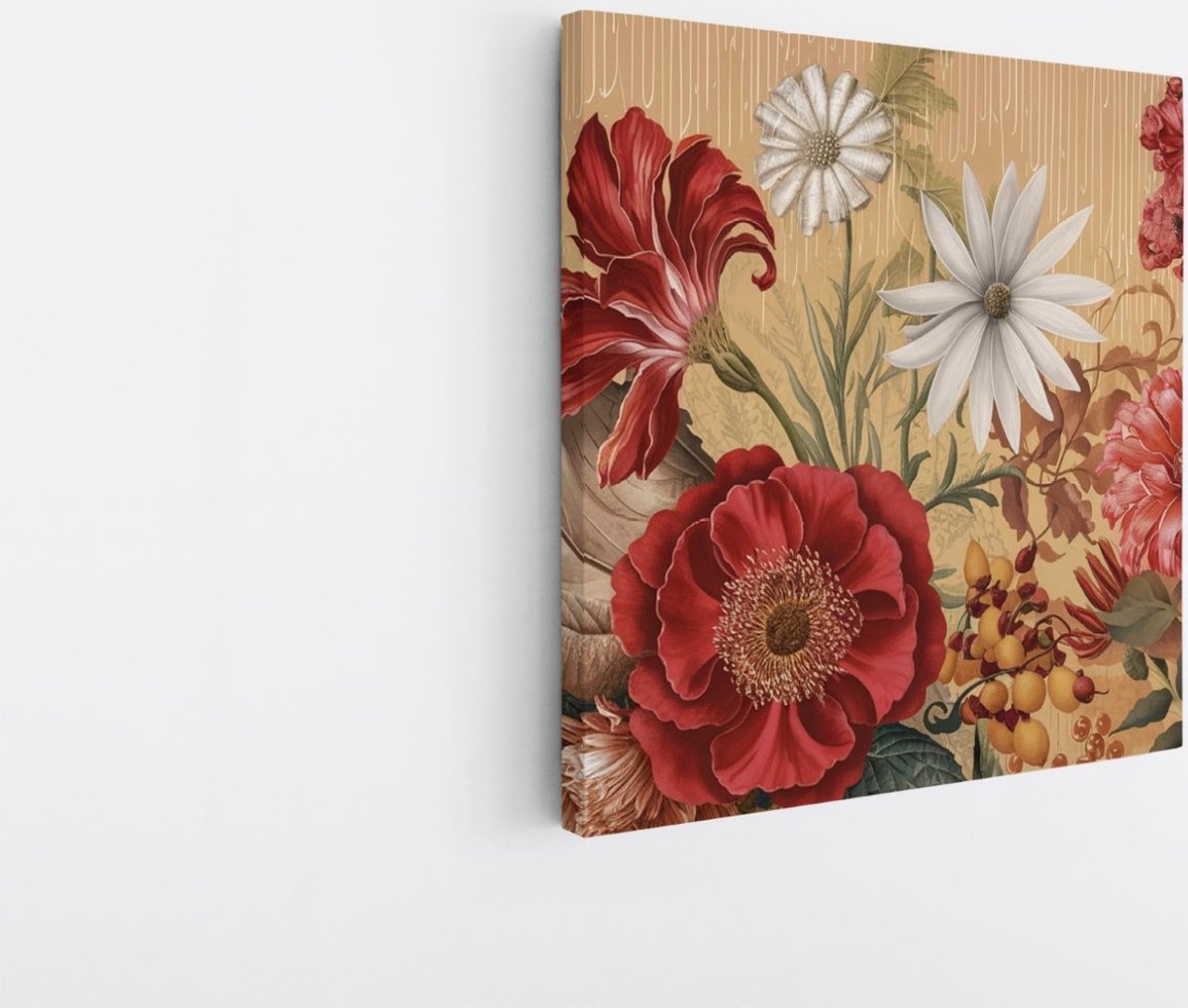 Saammp Canvas Schilderij - Klassieke Bloemenpracht Rood en Wit - Natuur - Stilleven - 60x60 - Foto op canvas - Wanddecoratie - Muurdecoratie Woonkamer - Kantoor Decoratie Multicolor