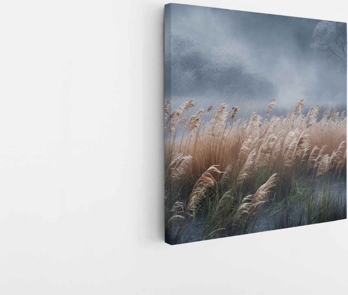 Saammp Canvas Schilderij - Hoog gras in de mist - Zonsondergang - Landschap - Natuur - 100x100 - Foto op canvas - Wanddecoratie - Muurdecoratie Woonkamer - Slaapkamer decoratie - Canvas Print Multicolor