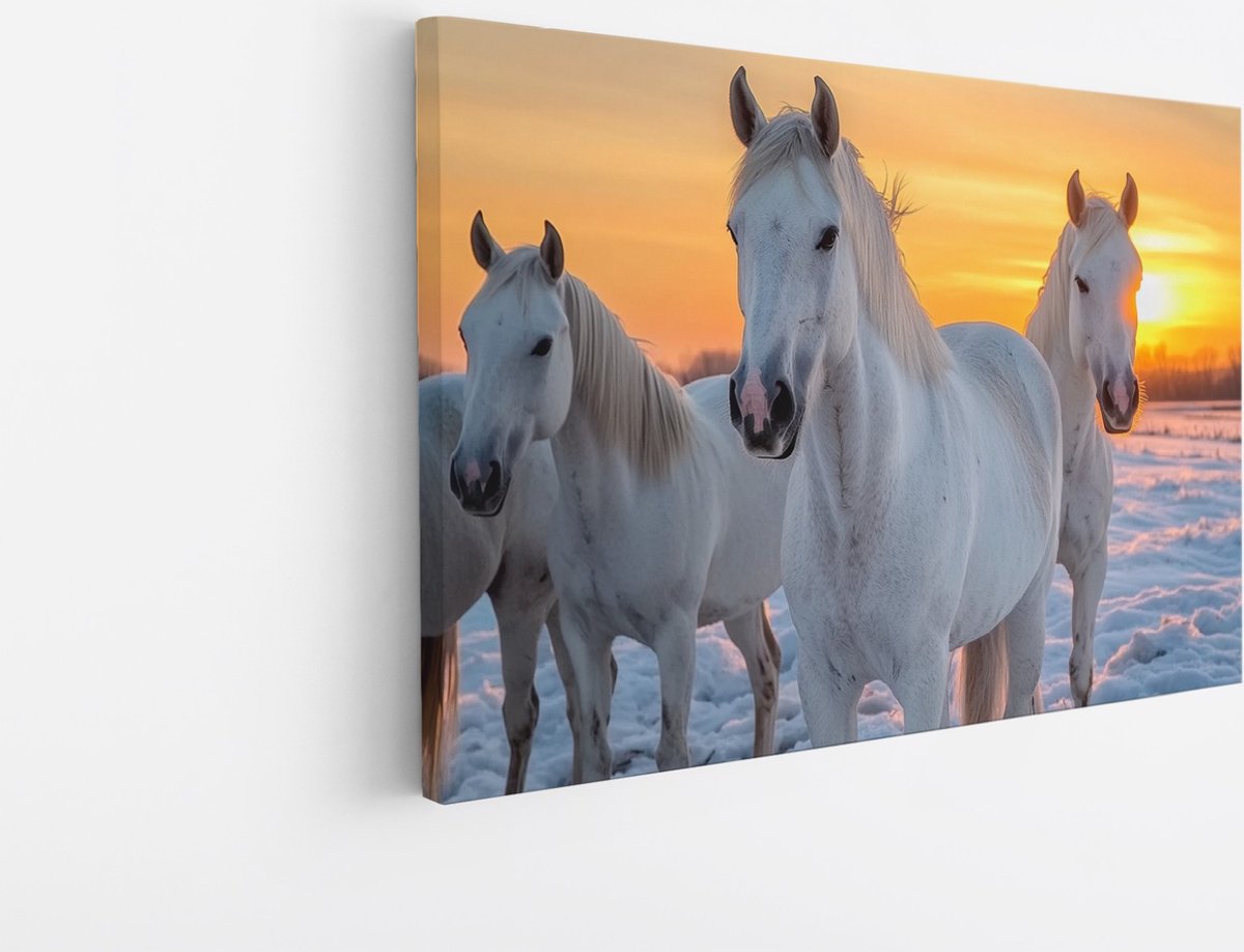 Saammp Canvas Schilderij - paarden in de sneeuw - Dieren - Natuur - 100x75 - Foto op canvas - Wanddecoratie - muurdecoratie Woonkamer - Slaapkamer decoratie - Canvas Print Multicolor