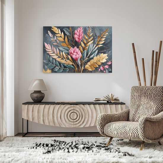 Saammp Canvas Schilderij - Grote roze bloemen en gouden bladeren - Modern - 100x75 - Foto op canvas - Wanddecoratie - Muurdecoratie Woonkamer - Kantoor Decoratie